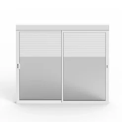 Baie coulissante alu blanc avec volet roulant électrique intégré motorisation Somfy l.240 x H.200 cm Uw=2