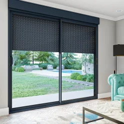 Baie coulissante en aluminium gris avec volet roulant électrique intégré motorisation Somfy l.240 x H.200 cm Uw=2