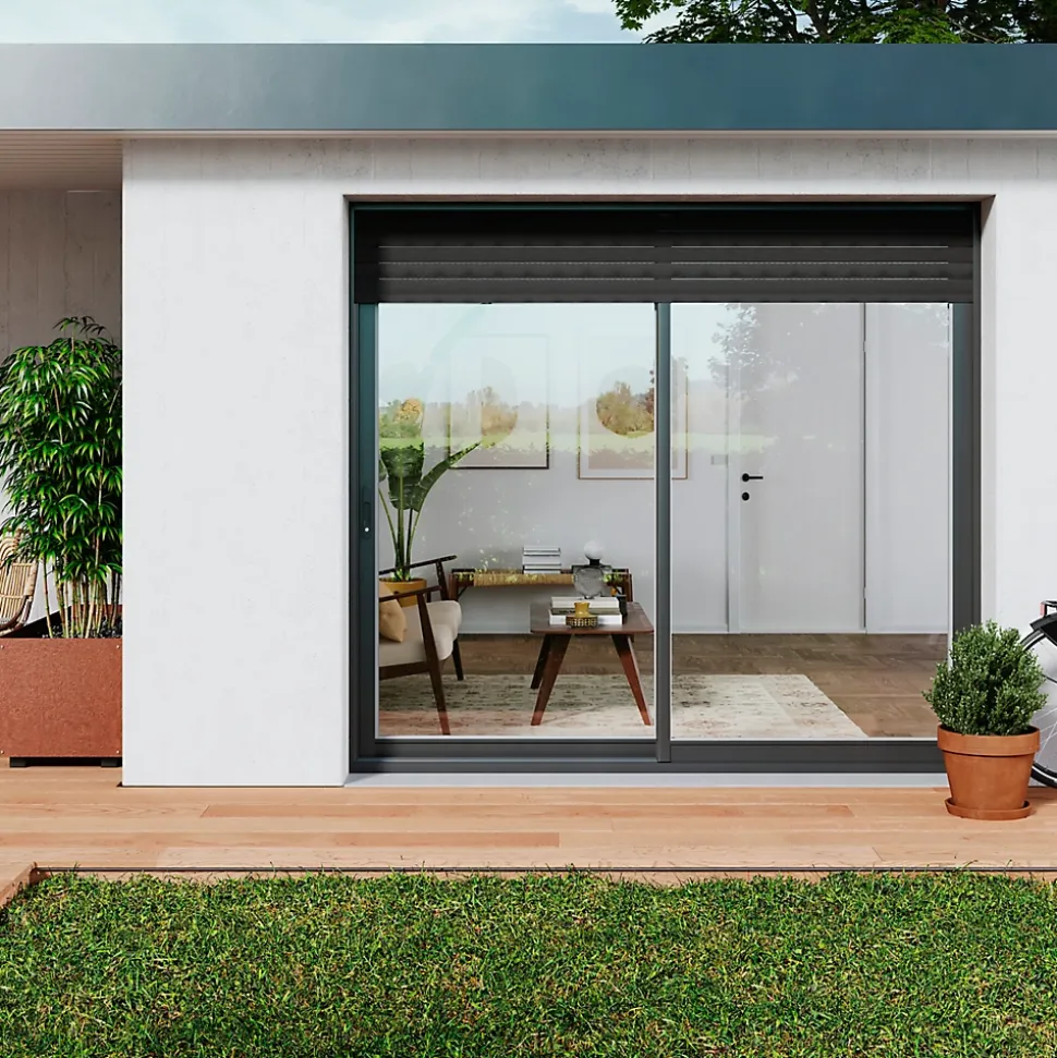 Baie vitrée coulissante alu + volet roulant électrique Goodhome gris - l.240 x h.215 cm - Uw 1,7