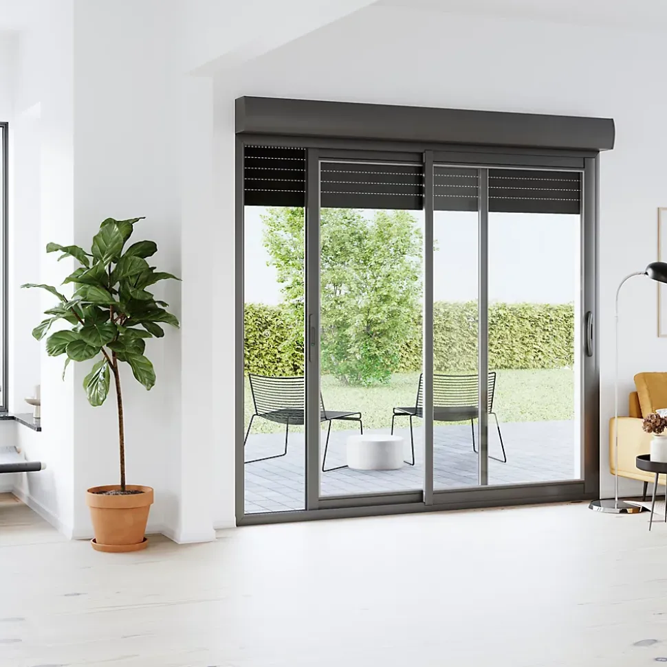 Baie vitrée coulissante alu + volet roulant électrique Goodhome gris - l.240 x h.215 cm - Uw 1,7