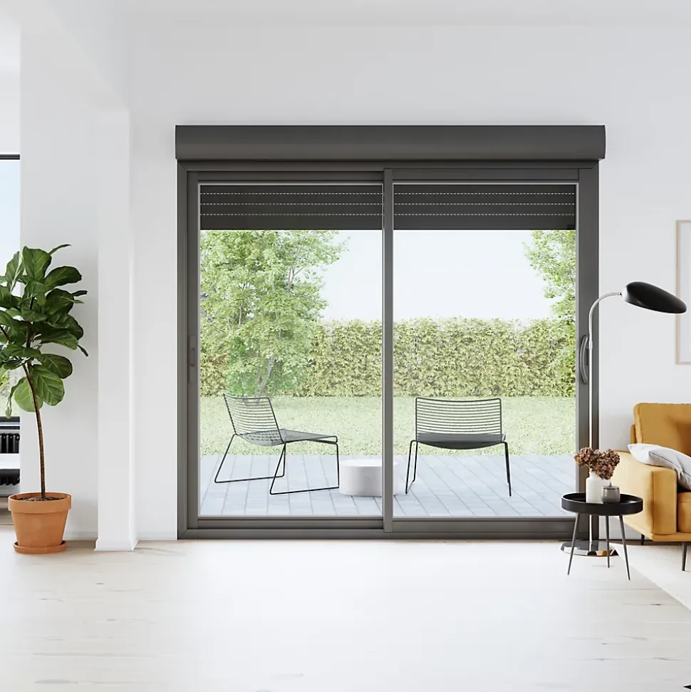 Baie vitrée coulissante alu + volet roulant électrique Goodhome gris - l.240 x h.200 cm - Uw 1,7