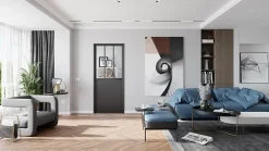 Bloc Porte Atelier H. 204 X 73 X 3 cm cadre en aluminium noir et verre transparent Poussant Gauche