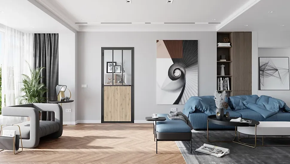 Bloc Porte Atelier H. 204 X 93 X 3 cm cadre en aluminium noir et verre transparent chêne terra Poussant Gauche