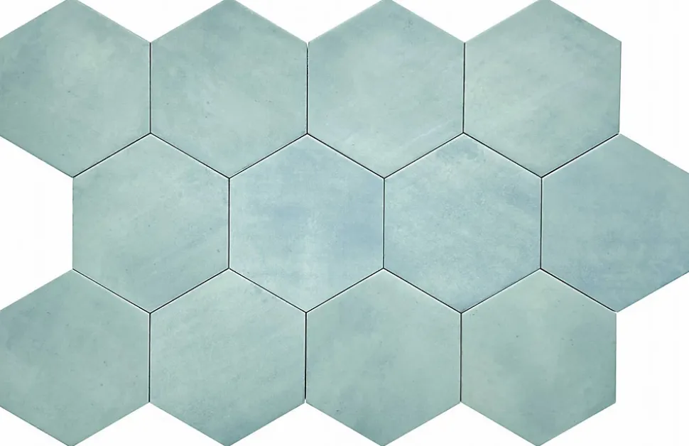 Carreau Hexagonal en Grès Cérame Effet Ciment. Série Denia Ciel 14x16 cm