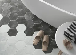 Carreau Hexagonal en Grès Cérame Effet Ciment. Série Denia Blanc 14x16 cm