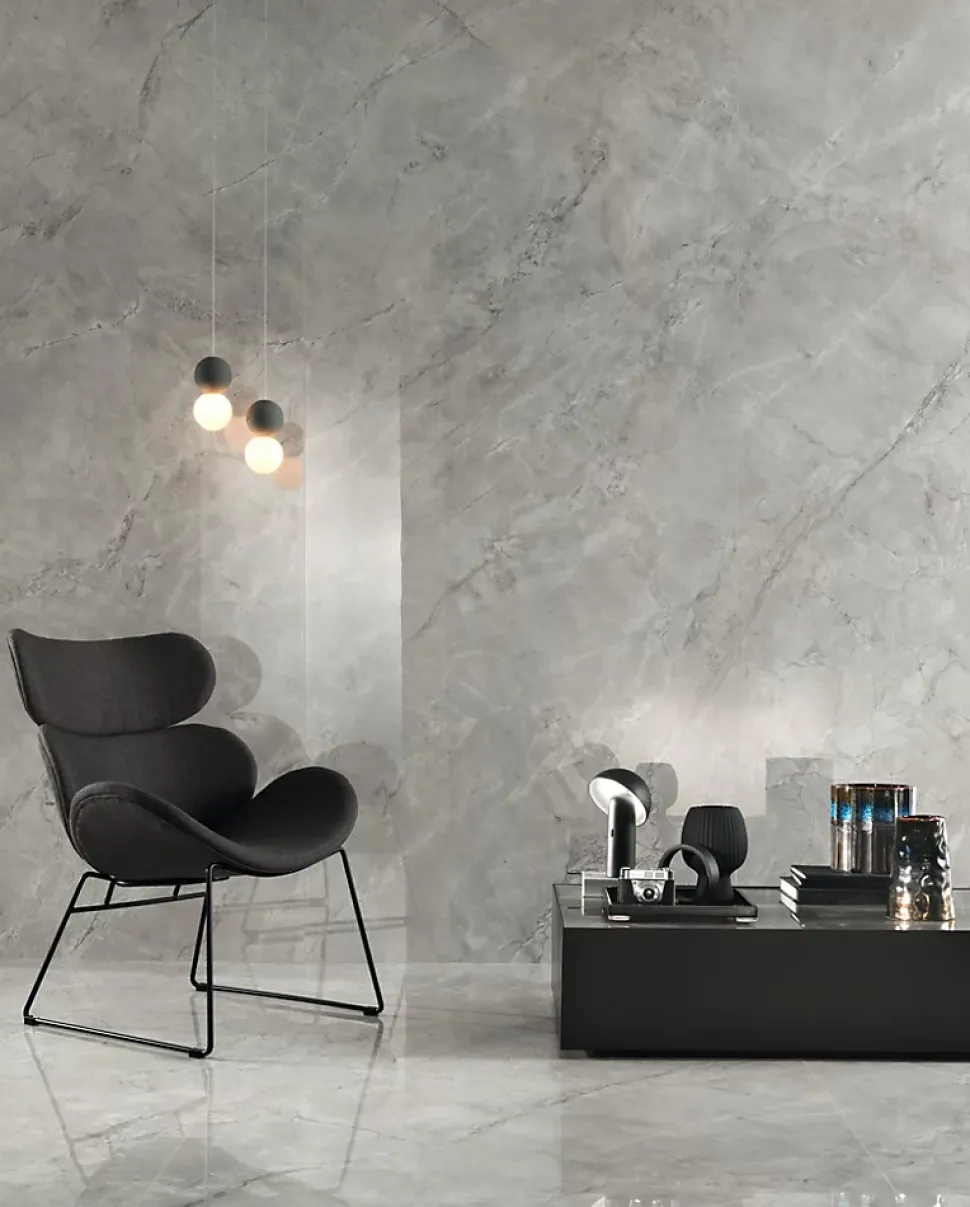 Carrelage effet Marbre Gris Mist 278x120x0,6 cm Brillant Montira - Mur intérieur (vendu par carton de 3,336 m²) - RO'MA CARRELAGE