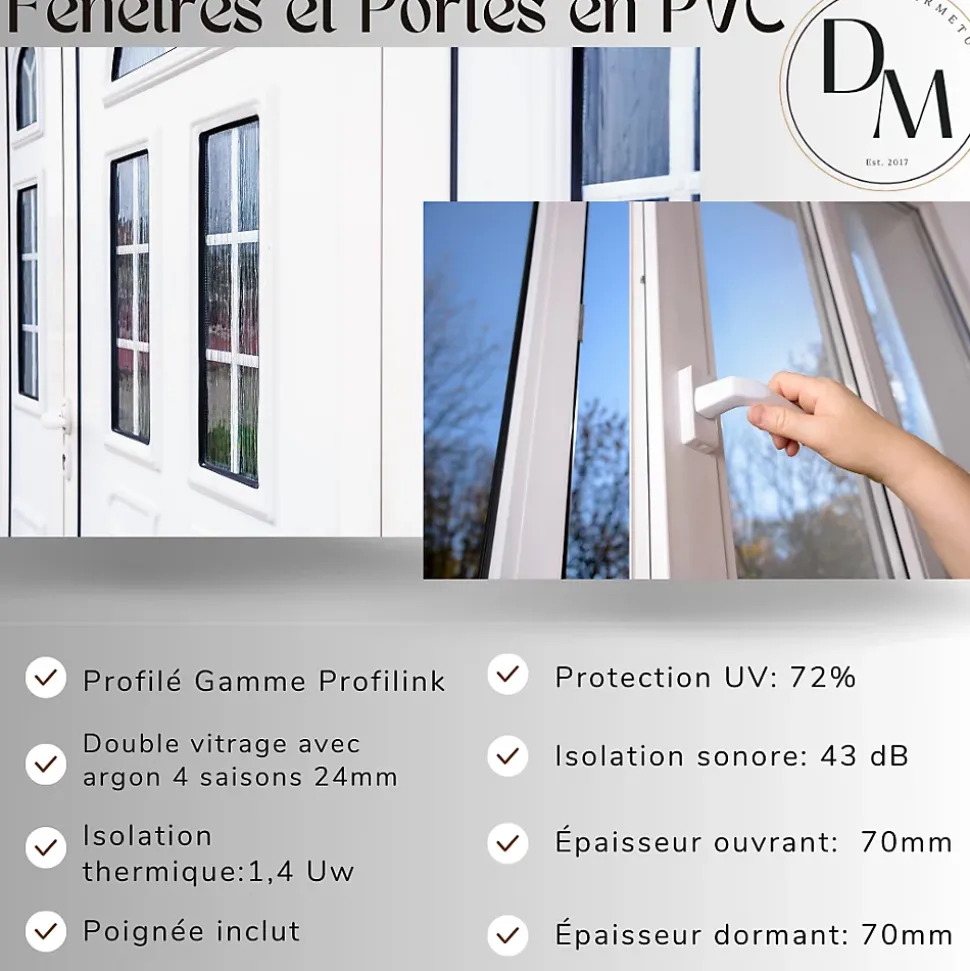 Châssis fixe pvc RAL 9016 ( L.: 170 cm x H.: 200 cm)