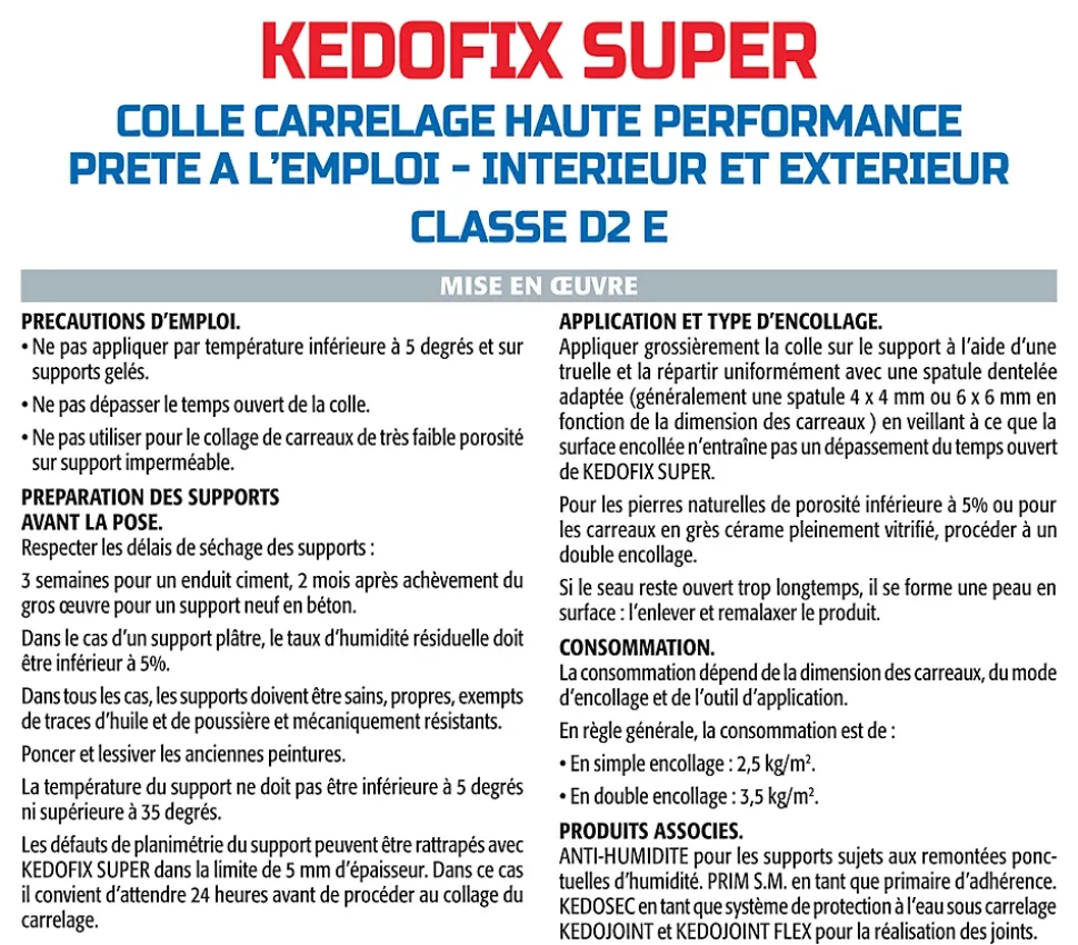 Colle pour Carrelage Haute Performance Kedofix Semin, Prêt à l'emploi, Intérieur/extérieur, seau de 20 kg