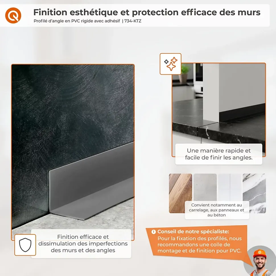 Corniere d'angle interieur PVC 50x20mm QUEST Autocollante, 150 cm, noir