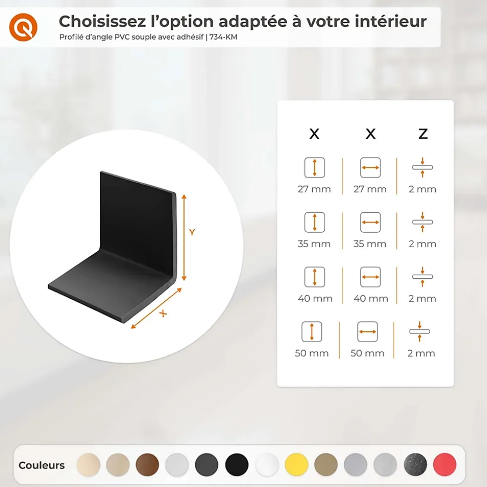 Corniere PVC 50x50mm QUEST, Profile d angle autocollant, Protection murale, 200 cm, noir