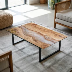 Dessus de table en verre trempé Wallfluent 100x70 cm Bois naturel avec résine