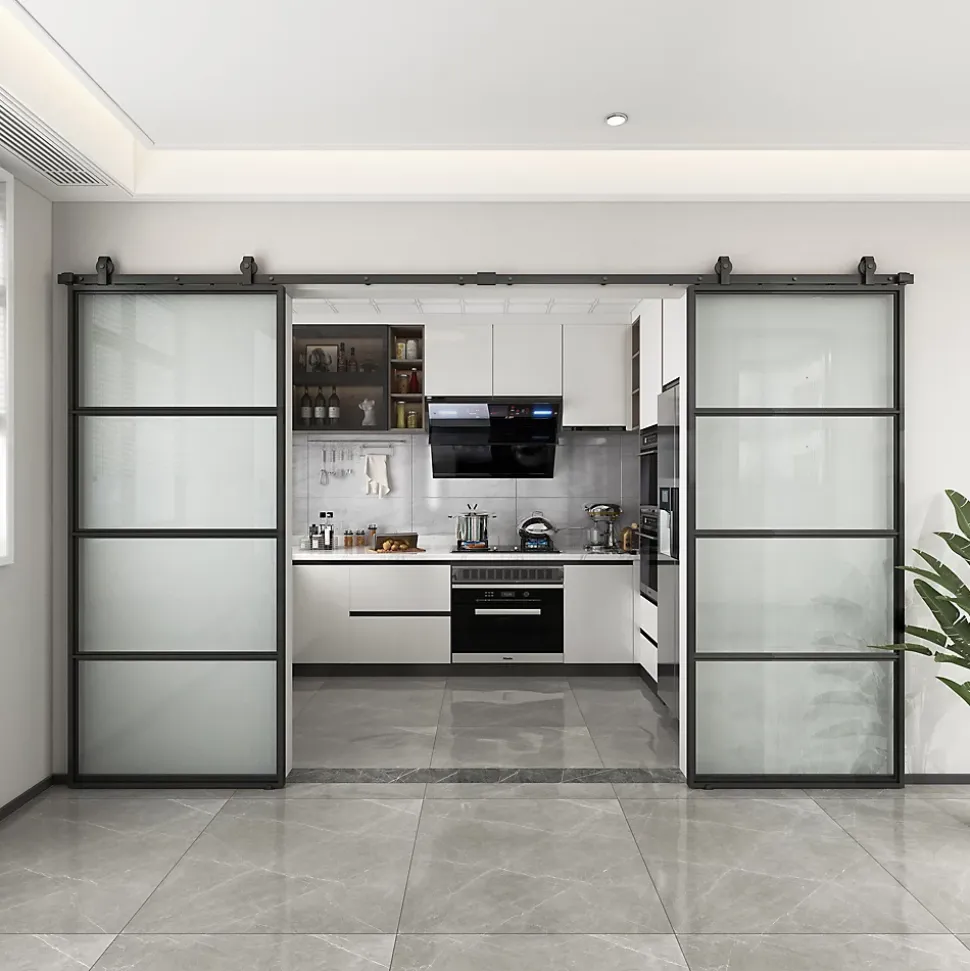 Double porte coulissante complète verre Schulte - 205x220 - Porte vitrée - Satinée - Décor industriel - Noir