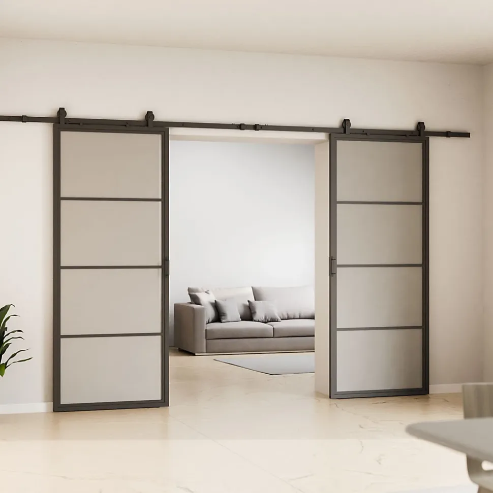 Double porte coulissante complète verre Schulte - 205x220 - Porte vitrée - Satinée - Décor industriel - Noir