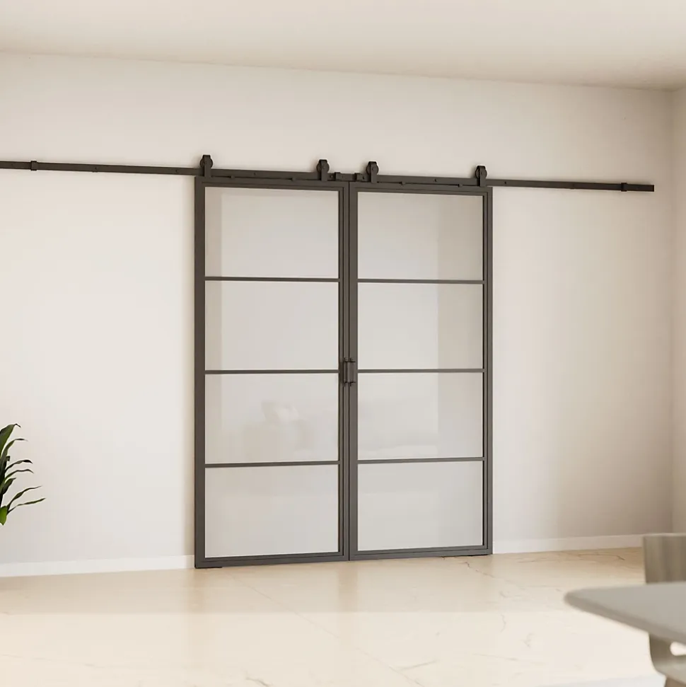 Double porte coulissante complète verre Schulte - 205x220 - Porte vitrée - Satinée - Décor industriel - Noir