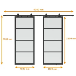 Double porte coulissante complète verre Schulte - 205x220 - Porte vitrée - Satinée - Décor industriel - Noir