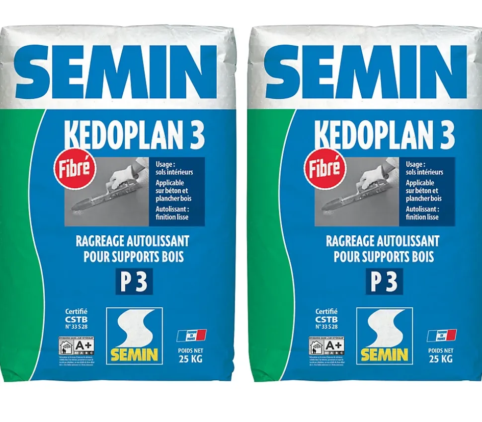 Enduit de Ragréage Autolissant Kedoplan Fibré Semin, Sol Intérieur, sac de 25 kg (lot de 2)