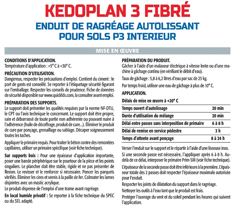 Enduit de Ragréage Autolissant Kedoplan Fibré Semin, Sol Intérieur, sac de 25 kg (lot de 2)
