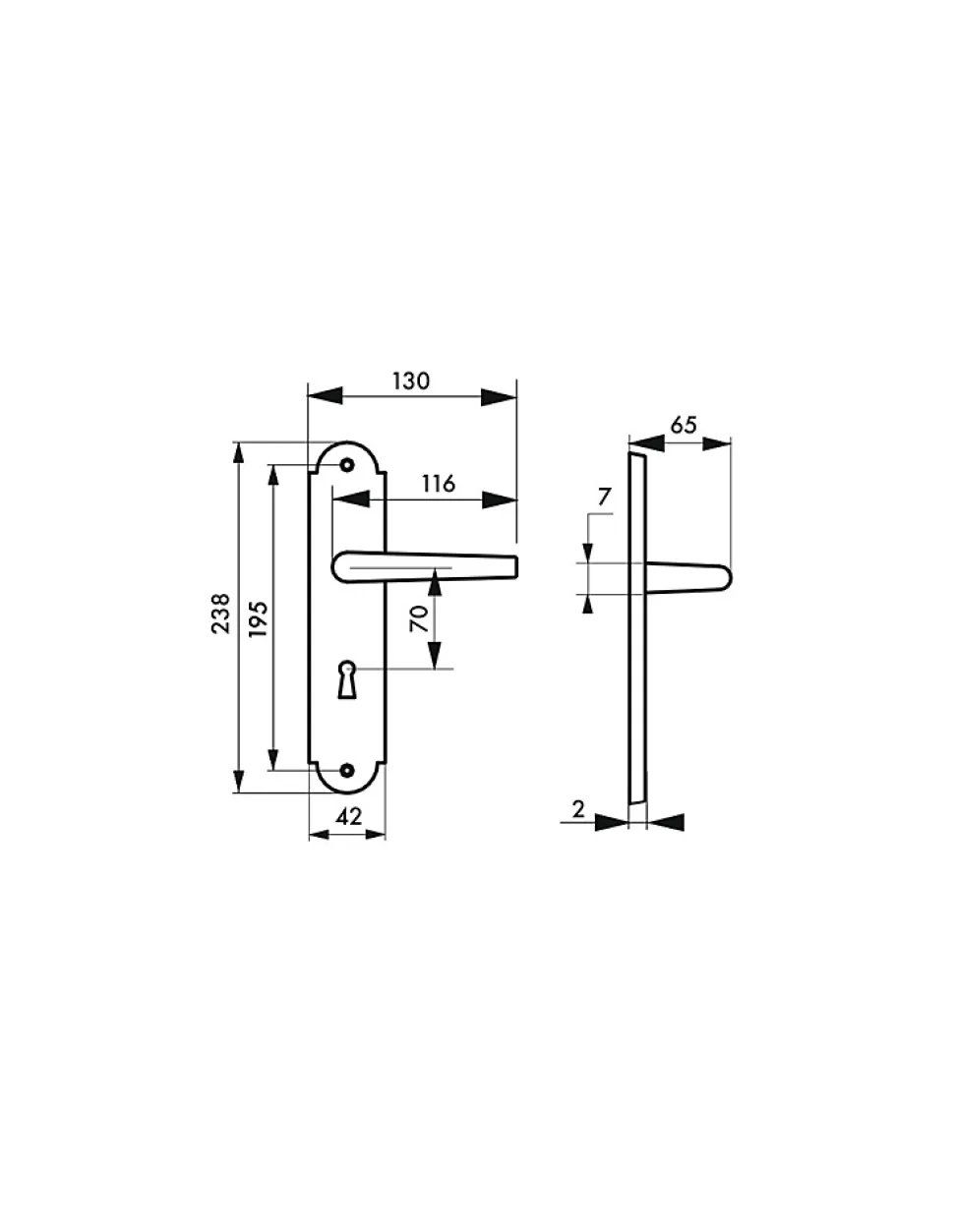 Ensemble de poignées pour porte de chambre Charon trou de clé, carré 7mm, entr'axes 195mm, acier patiné - THIRARD