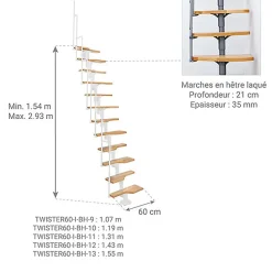 Escalier droit 10 marches - Hauteur à franchir 1.89 à 2.49m - Blanc et hêtre - TWISTER60-I-BH-10