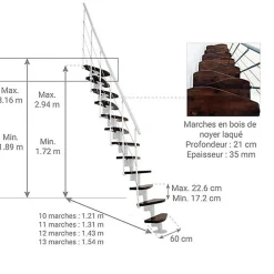 Escalier droit 10 marches - Hauteur à franchir 1.89 à 2.49m- Largeur 65cm - Structure blanche et marche noyer - NIZZA60/I/SBMNO-10