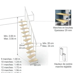 Escalier droit 11 marches - Hauteur à franchir de 2.40 à 2.84m - Largeur 60cm - Couleur bois et blanc - SMALL60/I-SBNAT-11