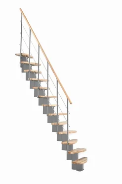 Escalier droit 9 marches - Hauteur à franchir 1.90 à 2.06m - Largeur 65cm - Structure grise et marche hêtre - QUATR65/I-GB-9