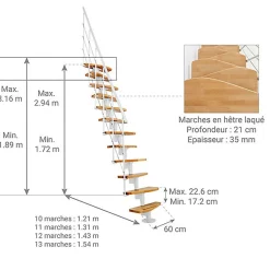 Escalier droit 10 marches - Hauteur à franchir 1.89 à 2.49m - Largeur 65cm - Structure blanche et marche hêtre - NIZZA60/I/BN-10