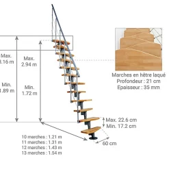 Escalier droit 10 marches - Hauteur à franchir 1.89 à 2.49m- Largeur 65cm - Structure grise et marche hêtre - NIZZA60/I/GH-10