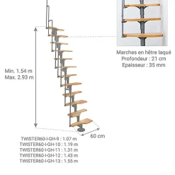 Escalier droit 10 marches - Hauteur à franchir 1.89 à 2.48m - Gris et hêtre - TWISTER60-I-GH-10