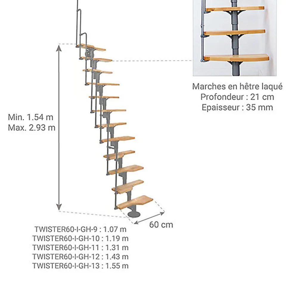 Escalier droit 10 marches - Hauteur à franchir 1.89 à 2.48m - Gris et hêtre - TWISTER60-I-GH-10