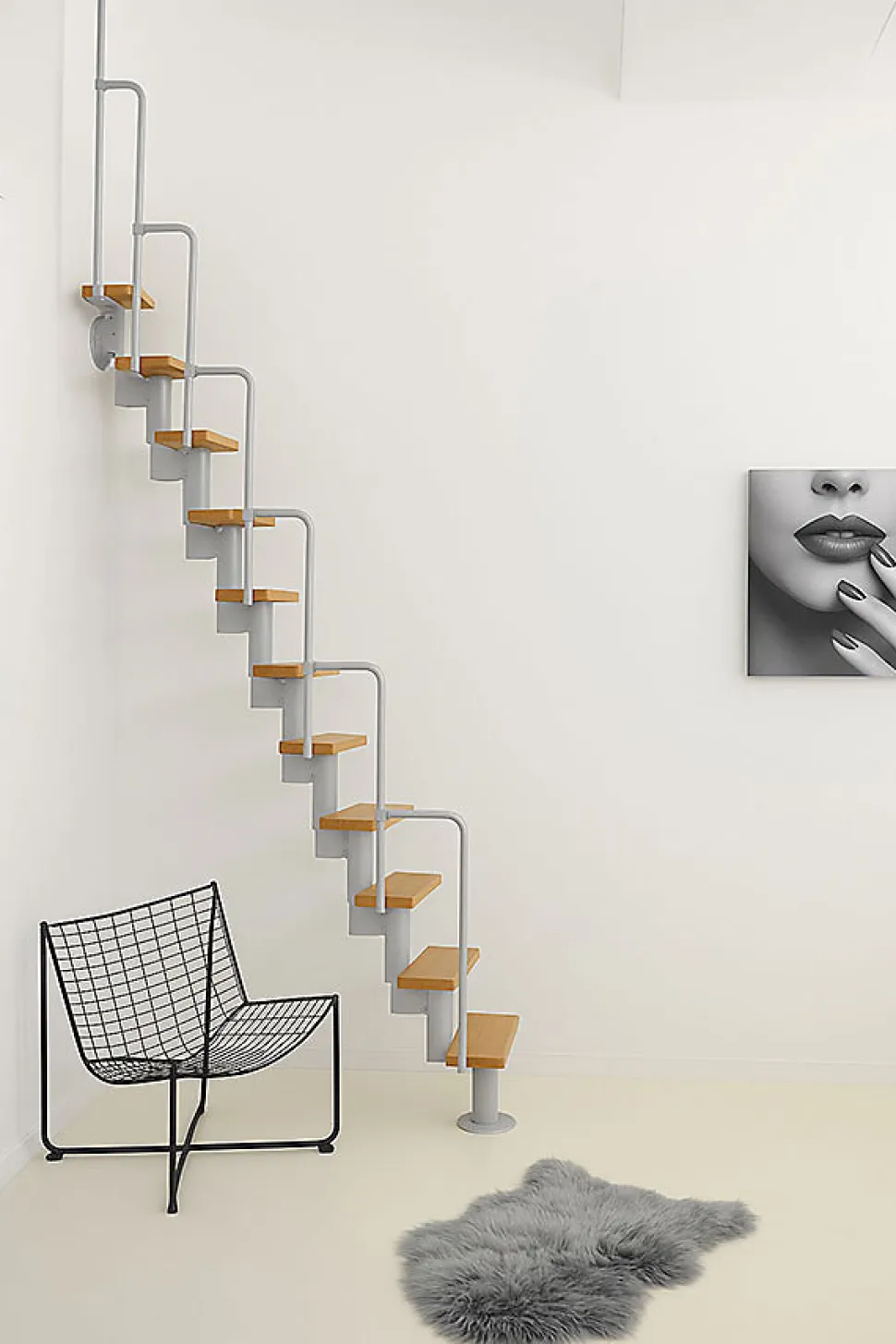 Escalier droit 10 marches - Hauteur à franchir 1.89 à 2.48m - Gris et hêtre - TWISTER60-I-GH-10