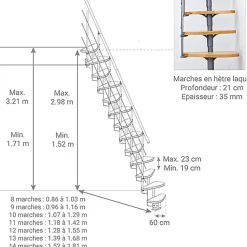 Escalier droit 9 marches - Hauteur à franchir 1.90 à 2.06m - Largeur 65cm - Structure noire et marche hêtre - QUATR65/I-NB-9