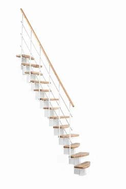Escalier droit 9 marches - Hauteur à franchir 1.90 à 2.06m - Largeur 65cm - Structure blanche et marche hêtre - QUATR65/I-BB-9