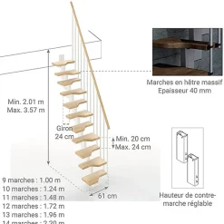 Escalier droit 11 marches - Hauteur à franchir de 2.41 à 2.85m - Largeur 61cm - Couleur naturel et blanc - MINI61/I/SBMNAT-11