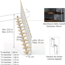 Escalier droit 11 marches - Hauteur à franchir de 2.41 à 2.85m - Largeur 61cm - Couleur naturel et blanc - MINI61/I/SGMNAT-11