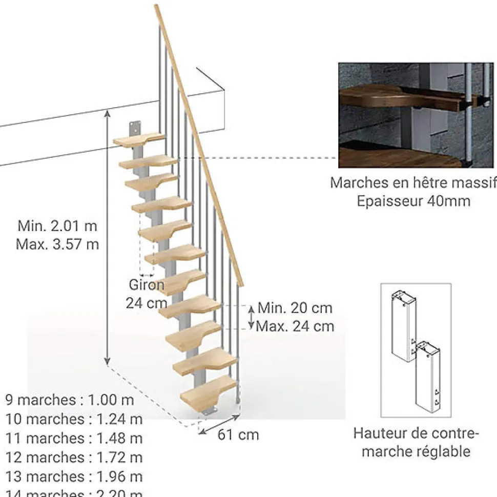 Escalier droit 11 marches - Hauteur à franchir de 2.41 à 2.85m - Largeur 61cm - Couleur naturel et blanc - MINI61/I/SGMNAT-11