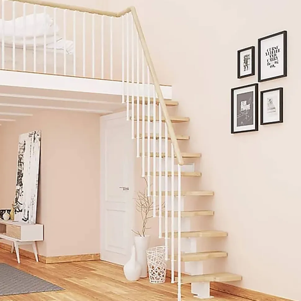 Escalier droit 11 marches - Hauteur à franchir de 2.41 à 2.85m - Largeur 61cm - Couleur naturel et blanc - MINI61/I/SGMNAT-11