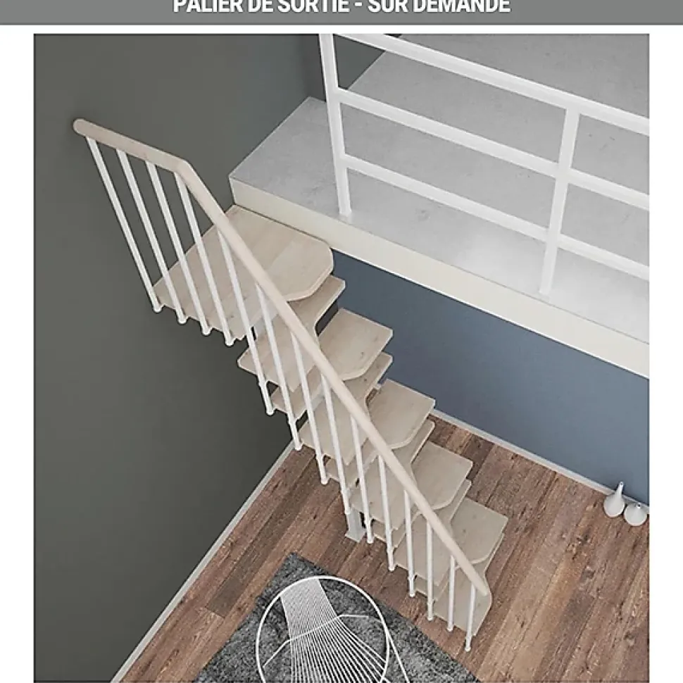 Escalier droit 11 marches - Hauteur à franchir de 2.41 à 2.85m - Largeur 61cm - Couleur naturel et blanc - MINI61/I/SGMNAT-11