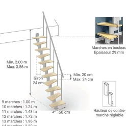 Escalier droit 11 marches - Hauteur à franchir de 2.40 à 2.84m - Largeur 60cm - Couleur bois et blanc - SMALL60/I-SGNAT-11