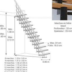 Escalier droit 9 marches - Hauteur à franchir 2.04 à 2.40m - Largeur 80cm - Structure blanche et marche hêtre - COMFO80/I/BB-9