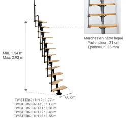 Escalier droit 10 marches - Hauteur à franchir 1.89 à 2.49m - Noir et Hêtre - TWISTER60-I-NH-10