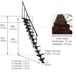 Escalier droit 10 marches - Hauteur à franchir 1.89 à 2.49m- Largeur 65cm - Structure noire et marche noyer - NIZZA60/I/SNMNO-10