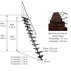 Escalier droit 12 marches - Hauteur à franchir 2.23 à 2.94m- Largeur 65cm - Structure grise et marche noyer - NIZZA60/I/SGMNO-12