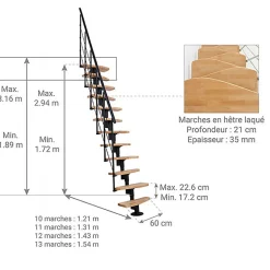 Escalier droit 10 marches - Hauteur à franchir 1.89 à 2.49m- Largeur 65cm - Structure noire et marche hêtre - NIZZA60/I/NH-10