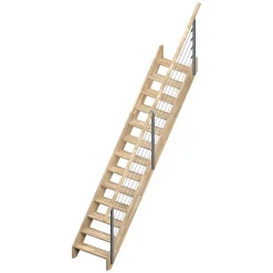 Escalier droit Sogem chêne coloris naturel 13 marches sans contremarches Ardennes avec rampe
