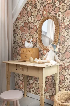ESTAhome papier peint fleurs rétro vieux rose et beige - 53 cm x 10.05 m - 130966