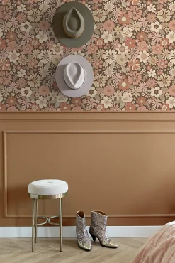 ESTAhome papier peint fleurs rétro vieux rose et beige - 53 cm x 10.05 m - 130966
