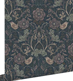 ESTAhome papier peint fleurs et oiseaux bleu foncé et vieux rose - 53 cm x 10.05 m - 139832