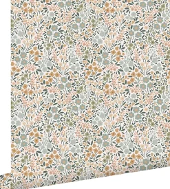 ESTAhome papier peint fleurs bleu grisâtre, rose terracotta et vert - 53 cm x 10.05 m - 139837