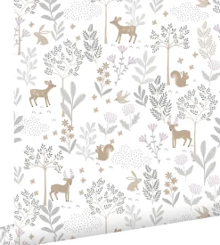 ESTAhome papier peint forêt avec des animaux de la forêt lilas violet et beige - 53 cm x 10.05 m - 139520